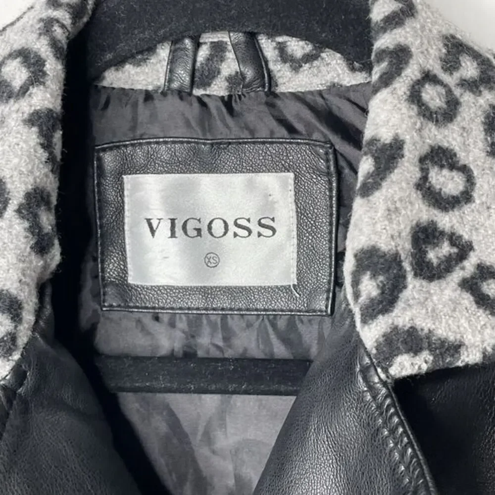 VIGOSS Black Leopard Print Moto Jacket Faux Leather‎ Combo Women's XS